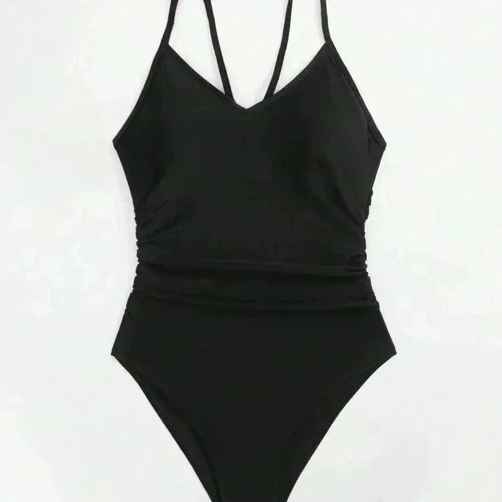 Black Women's Summer Beach Cut Out Ring Linked One Piece Swimsuit